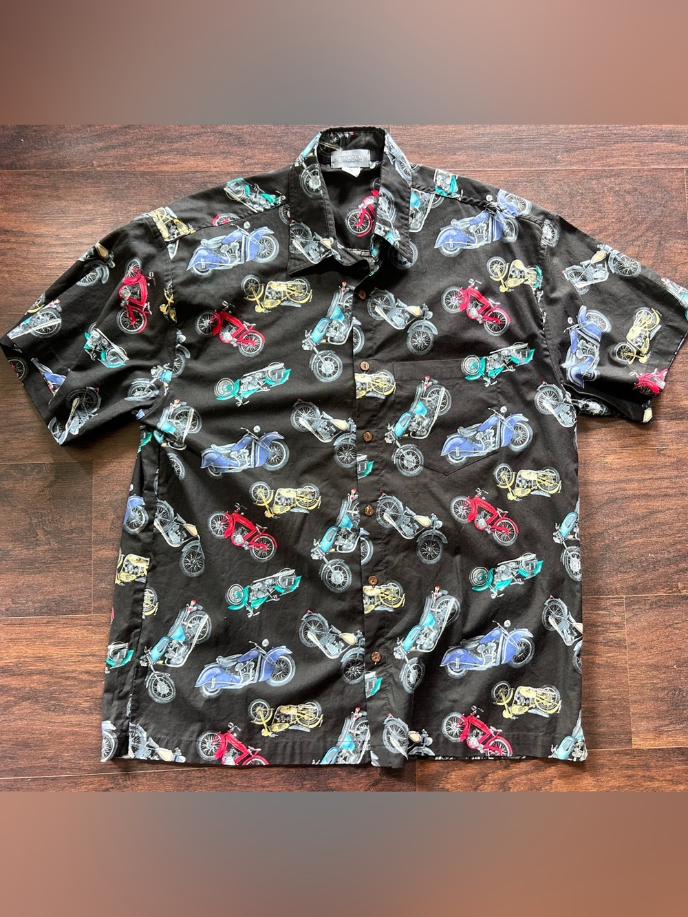 Men's Black Short Sleeve Camp Shirt Button down Motorcycle Print Biker